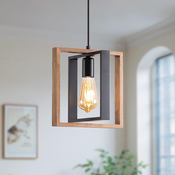 Farmhouse Pendant Light Fixture, Black Kitchen Island Pendant Lights, Industrial Metal and Vintage Wood Hanging Light, Adjustable Height Rustic Ceiling Lamp for Entryway, Dining Room, Foyer