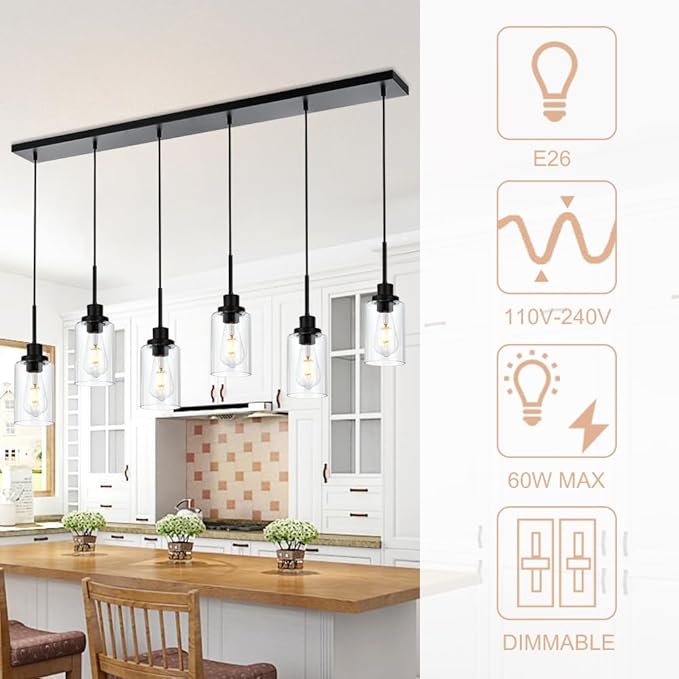 6-Lights Pendant Light Fixtures Ceiling, Modern Black Adjustable Hanging Lamp with Clear Glass Shades, Dining Room Kitchen Island Lighting E26 Bulb Base