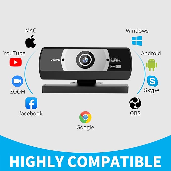 4K Webcam for PC, Full HD Video Calling, HD Light Correction, Works with Skype, Zoom, FaceTime, Hangouts, PC/Mac/Laptop/MacBook/Tablet