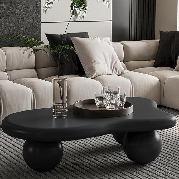 40” Cloud Coffee Table with 3 Ball Legs, Modern Lrregular Center Table for Living Room, Low Cute Small MDF Tea Table for Bedroom, Space Apartment-Black