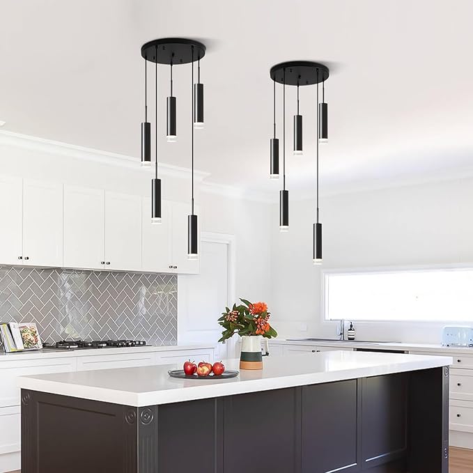 KCO Lighting Black Cluster Pendant Light Fixture Industrial Stairway Chandelier Lighting Cylinder Pendant Lights Kitchen Island Farmhouse Dining Room Light Fixtures