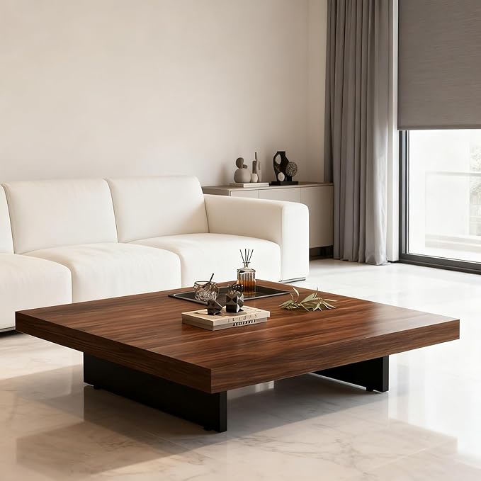 Modern Square Coffee Table for Living Room, Low Profile Wood Center Table with 2" Thick Tabletop & Optional Storage Tray, Sturdy Minimalist Design (31.5"/39.4" Black/Walnut)