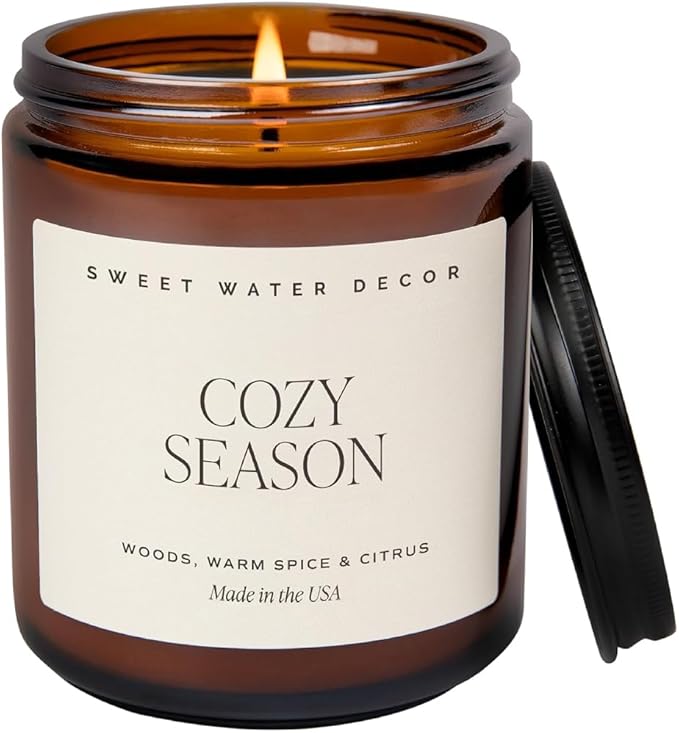 Sweet Water Decor Cozy Season Soy Candles - Fall Candles with Woods, Warm Spice, and Citrus Scent for Home Decor - Soy Candle with 40 Hours Burn Time - 9Oz Black Lid Amber Jar Candles Fall Scents