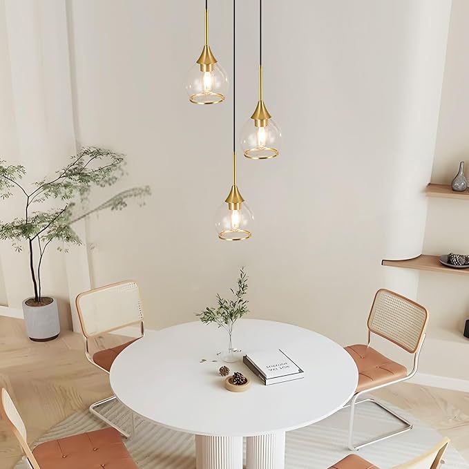 3-Light Island Light for Kitchen, Gold Kitchen Island Hanging Pendant Light, Brushed Gold Dining Room Light Fixture Over Table with Clear Round Glass Shades
