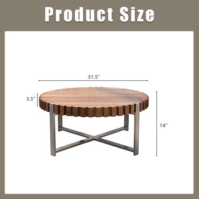 Modern Wood Round Coffee Table for Living Room, Farmhouse 31.5" Modern Compact Coffee Table, Wood Gear Table Top with Cross Metal Base, Drum Center Table for Living Room Apartment, Walnut