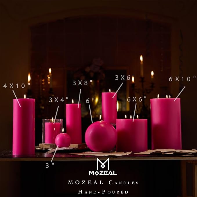 MOZEAL 4" x 10" Extra-Large Hot Pink Pillar Candles (Set of 2), Unscented, Dripless, Smokeless, Long Clean-Burning, Tall 10 inch Large Hot Pink Pillar Candles for Spring Festivities Decor