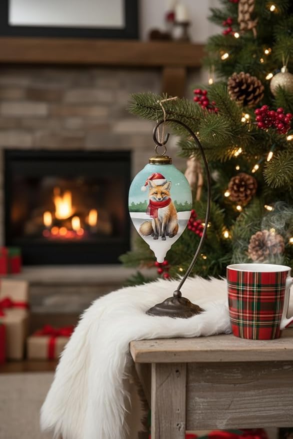 Hand-Painted Glass Fox Ornament – Woodland Christmas Decoration with Santa Hat, Cardinals, and Gifts – “Warm Winter Wishes” Reverse-Painted Collectible with Gift Box – 4.5” Teardrop Ornament