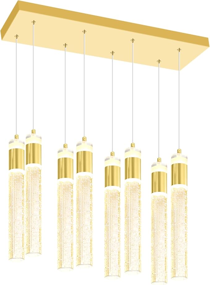 8-Lights Gold Hanging Pendant Light for Kitchen Island Modern Dimmable LED Crystal Chandeliers for Dining Room Bedroom Living Room Over Table Adjustable Height