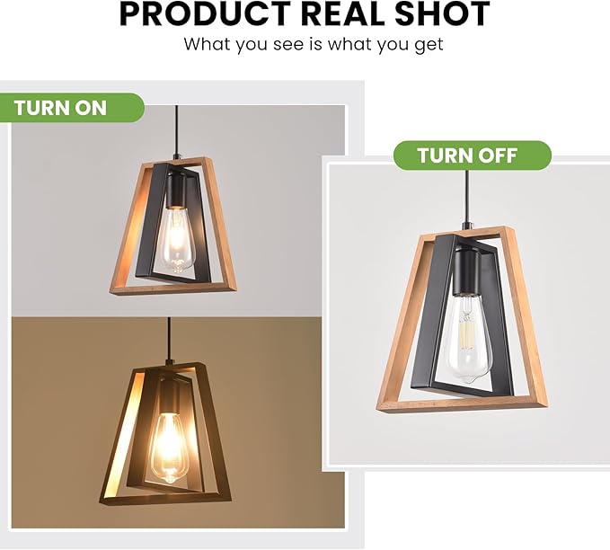 2 Pack Kitchen Island Pendant Lights, Black Industrial Metal and Vintage Wood Hanging Light, Mini Farmhouse Chandelier, Adjustable Height Rustic Ceiling Lamp for Entryway, Dining Room, Foyer