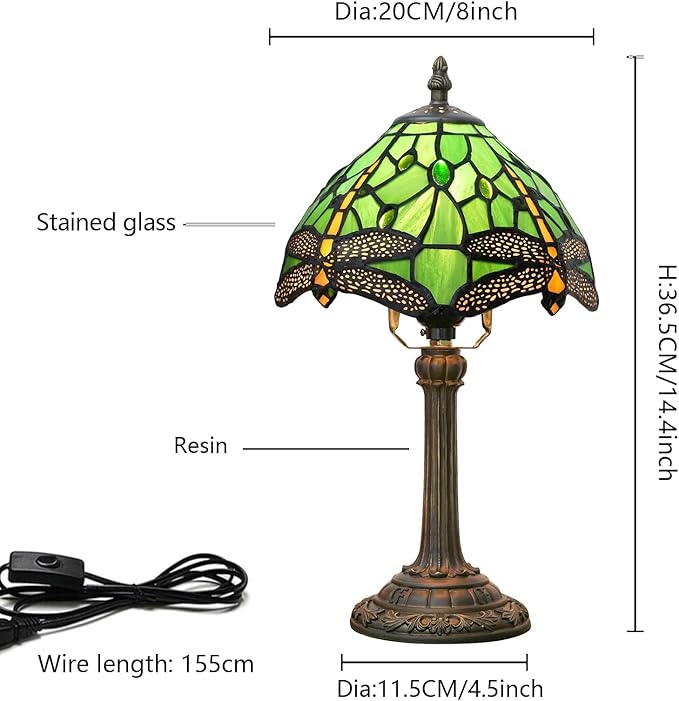 Tiffany Lamp Green Dragonfly Stained Glass Table Lamp 8X8X14 Inches Green Dragonfly Style Desk Reading Light Decor Beside Bedroom Living Room Home (H1057-Green Dragonfly)