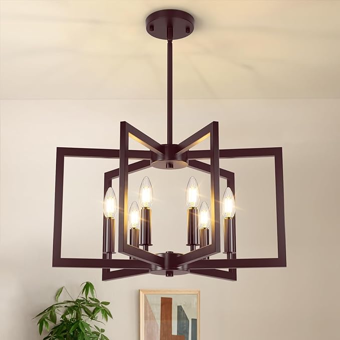 6-Light Oil-Rubbed Bronze Chandelier, Farmhouse Dining Room Light Fixture, Modern Chandelier, Geometric Industrial Metal Hang Lighting Fixture for Foyer Entryway Kitchen Over Table Hallway Living Room