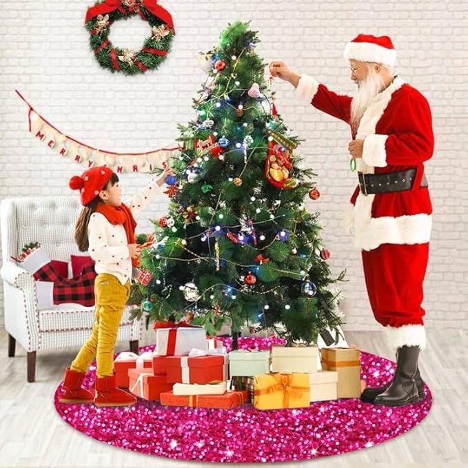 Large Christmas Tree Skirt 60 Inch Sequin Hot Pink Tree Skirt Sparkling Fabric Christmas Tree Mat Glitter Sparkle Xmas Tree Skirts Unique Glitter Xmas Tree Base Home Winter Holiday Display