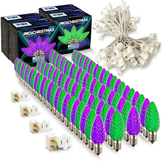 Pro Christmas C9 LED Christmas Light Kit for Rooflines & Pathways – DIY Cut to Length, Outdoor Commercial Grade (White Wire w/Vampire Plugs, 100 Bulbs, 100 ft) Purple and Green