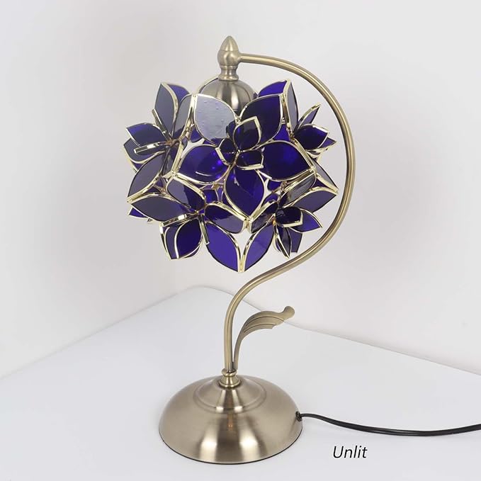 Bieye L11015 Tiffany Style Stained Glass Flower Petal Table Lamp with Brass Base for Home Décor (Blue, 8" Rose Lily)