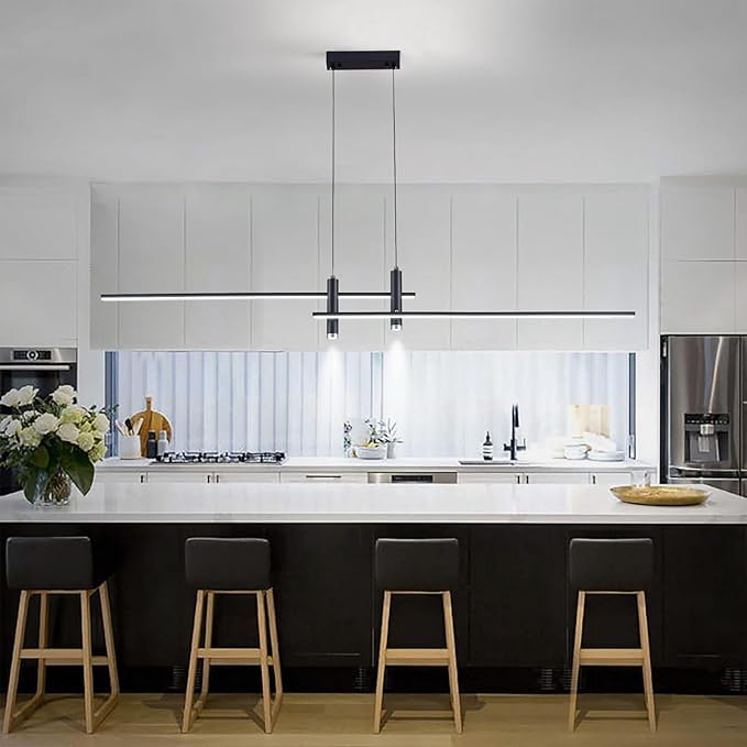 Modern LED Chandelier 59.1 Black Kitchen Island Pendant Light Fixtures Linear Pendant Lighting with Remote Dining Rooms Living Room Dimmable 3000K-6000K