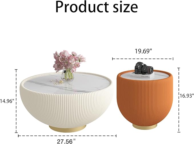 Round Living Room Table Set, 27.56" White Drum Center Table and 19.69" Orange Center Table Set, 2 Pieces Coffee Table Set with Sintered Stone Tabletop, Fluted PU Leather Covered and Metal Base
