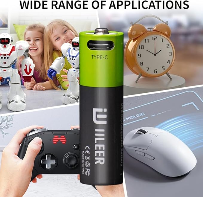 2000mAh USB-C Rechargeable AA Batteries, 1200 Cycles Life, Fast Charging with Type-C Cable, for Gaming Controllers, Mouse, Keyboard & Home Electronics, Black Green (16)