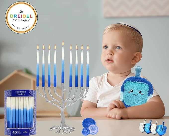 The Dreidel Company 2-Pack Premium Tapered Hanukkah Menorah Candles 1-Hour Burn Time Tri Color,Blue, and White, Candles for All 8 Nights of Chanukah