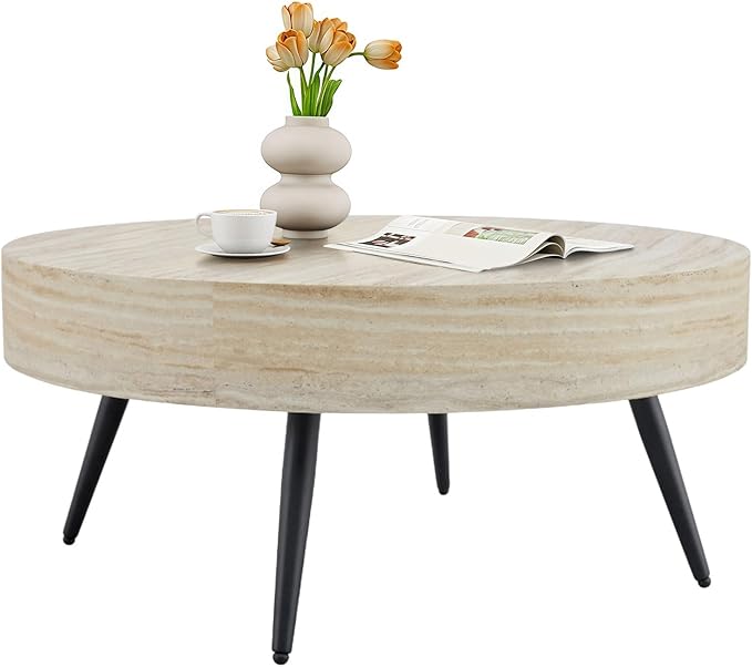 LKTART Coffee Table for Living Room, Round Wood Coffee Tables, Modern Metal Accent Center Tea Table for Apartment Small Space (31Inch-Mars Light)
