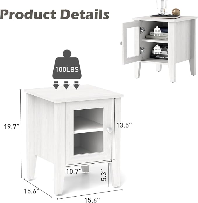 Bonzy Home Modern Night Stands Set of 2, End Table with Acrylic Door, Wooden Side Table with Storage, Bedside Tables for Bedroom, Living Room, Small Spaces, White