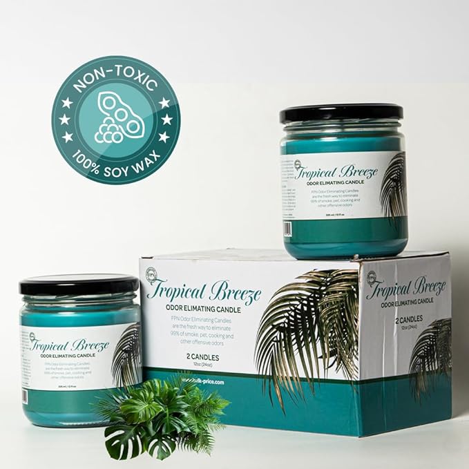 Candle Set Tropical Breeze Odor Eliminating – 2 Pack - 12oz – Long-Lasting Soy Wax Candles – Neutralizes Pet, Kitchen & Smoke Odors – Clean Burn, Eco-Friendly, Aromatherapy Candle