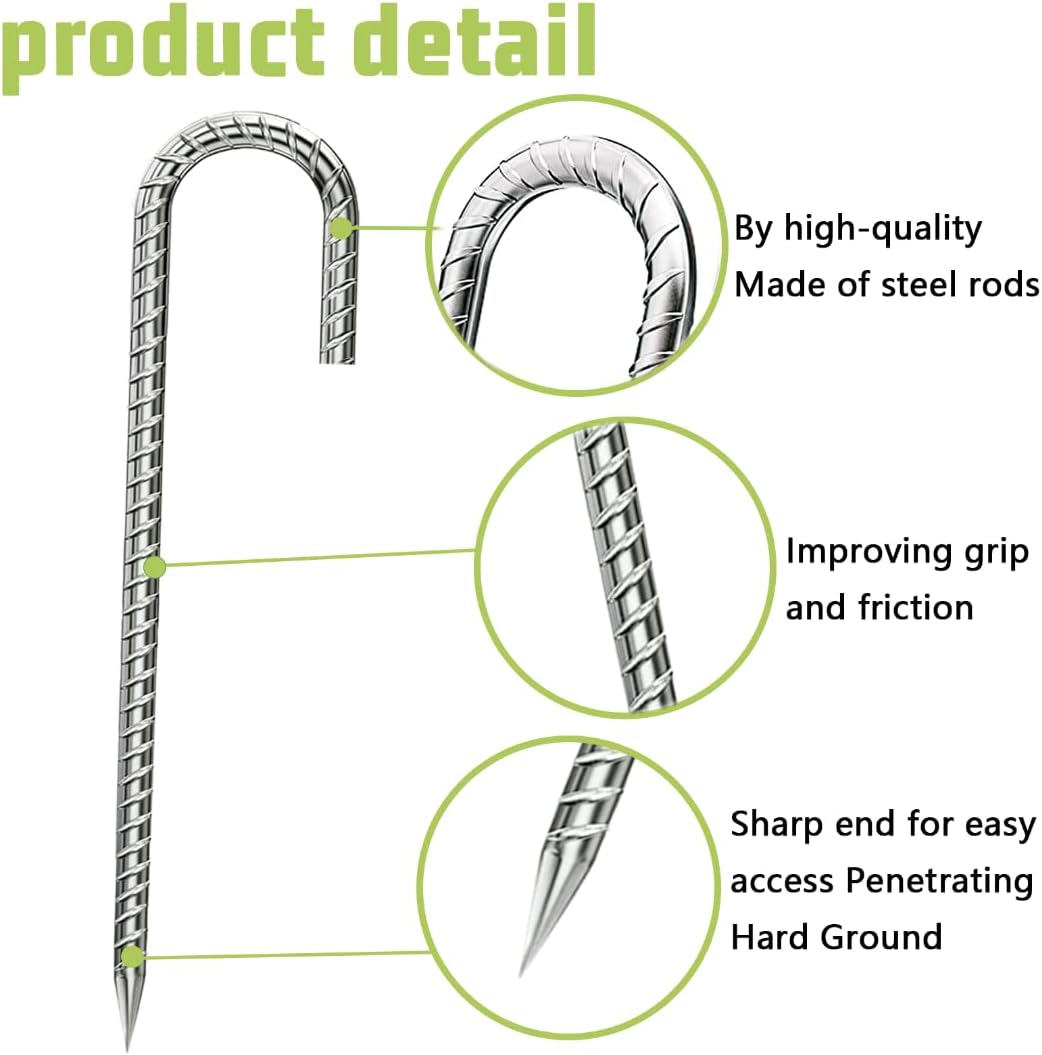 Ground-Stakes-Heavy-Duty-12 inch, J-Hook Rebar Stakes Galvanized Anti-Rust 6pcs Garden Stakes Metal Ground Anchors for Garden Dog Fence Chicken Coop Christmas Decorations Deer Fence