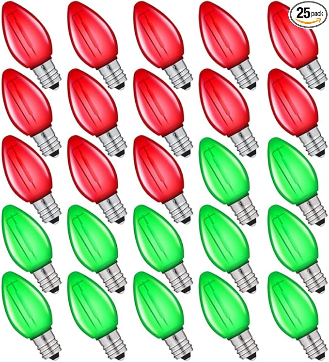 NETEHA 25 Pack C7 Red and Green Led Replacement Christmas Light Bulb, C7 E12 Base 120V Waterproof Led Bulbs for Christmas Outdoor String Lights, Halloween Decoration Bulb