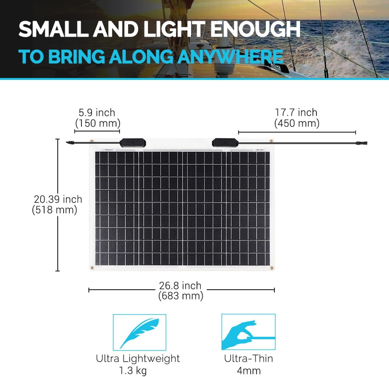 Renogy Flexible Solar Panel 50 Watt 12 Volt Monocrystalline Ultra-Flexible Bendable Mono Off-Grid Charger for Marine RV Cabin Van Car Boat Curve Surfaces