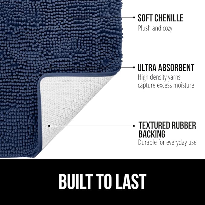 GORILLA GRIP Bath Rug Mat 44x26, Soft Absorbent Chenille, Quick Dry Microfiber Mats, Rubber Backing Washable Shower Floor Rugs, Bathmat Runner, US Designed Bathroom Home Decor Accessories Navy Blue