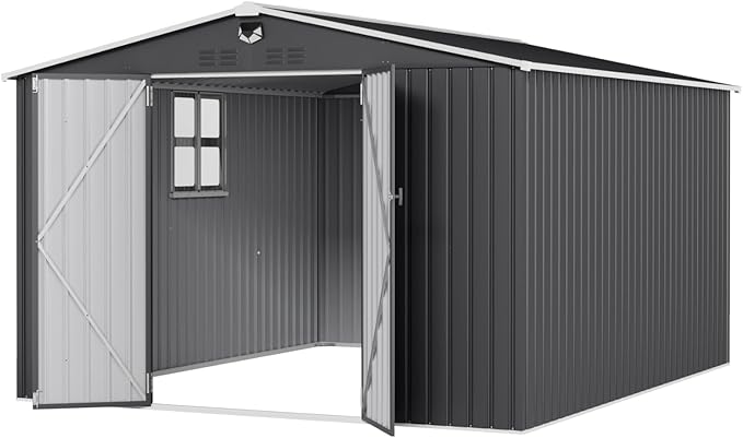 10x12 FT Outdoor Storage Shed, Metal Sheds & Outdoor Storage, Waterproof Sheds with Lockable Doors for Backyard (Black, Lighting Window)