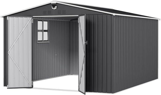10x12 FT Outdoor Storage Shed, Metal Sheds & Outdoor Storage, Waterproof Sheds with Lockable Doors for Backyard (Black, Lighting Window)
