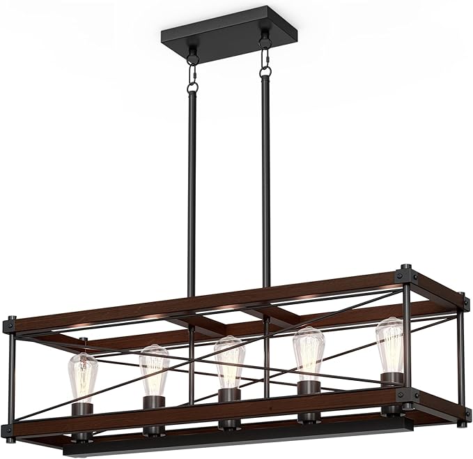 Farmhouse Kitchen Island Lighting, 5-Light Solid Wood 31.5” Dining Room Pendant Light Fixtures, Rustic Chandelier with Adjustable Height for Dining Room Kitchen Bar Pool Table, Walnut Color