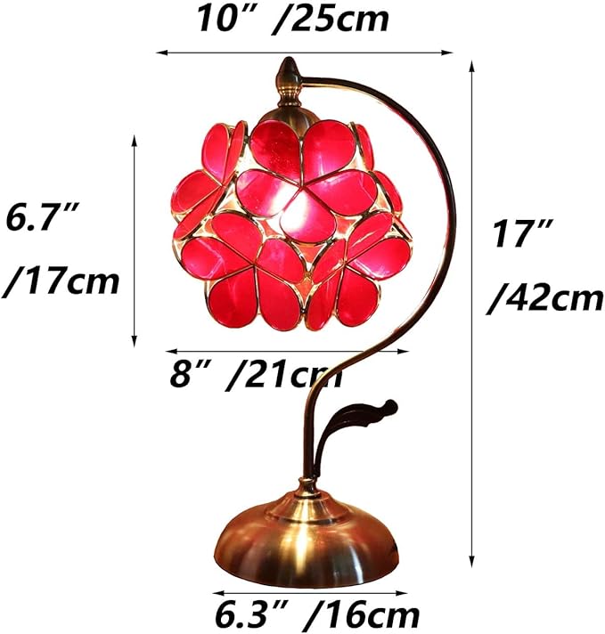 Bieye L10874 Tiffany Style Stained Glass Flower Petal Table Lamp with Brass Base for Home Décor (Red, 8" Cherry Blossom)