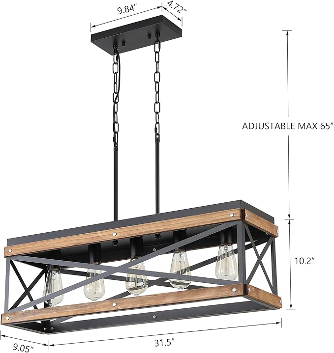 Rustic Farmhouse Wood Kitchen Island Lighting, 5 Lights Rectangular Pendant Light Fixture, Adjustable Chain Oak Wood and Metal Linear Chandelier for Dining Room Kitchen Island Farmhouse, Black
