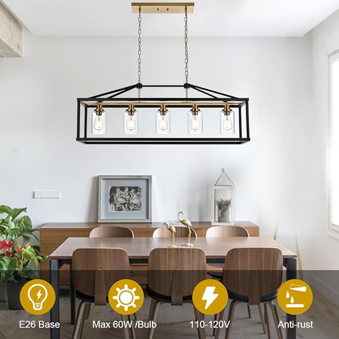 BONLICHT Rectangle 5 Lights Black Modern Dining Room Lighting Fixtures Hanging Over Table, Industrial Brushed Brass Chandeliers Farmhouse Kitchen Island Linear Pendant Light Ceiling with Clear Glass