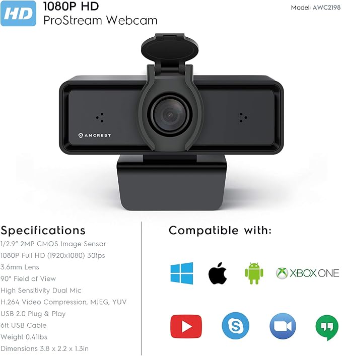 Amcrest 1080P Webcam with Microphone & Privacy Cover, 2 Noise-Cancelling Mics, USB Webcams for Desktop/Laptop PC Computer, Web Cam for Calls, Conference, Zoom, Skype, Online Classes, Meetings AWC2198