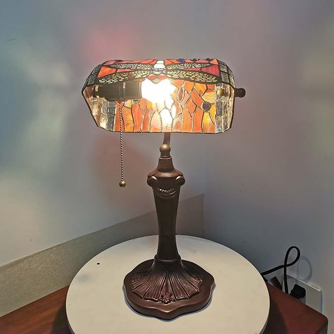 Bieye L10057 Dragonfly Tiffany Style Stained Glass Bankers Desk Lamp Table Lamp for Reading Working Home Decoration, 10" W x 16" H (Red)