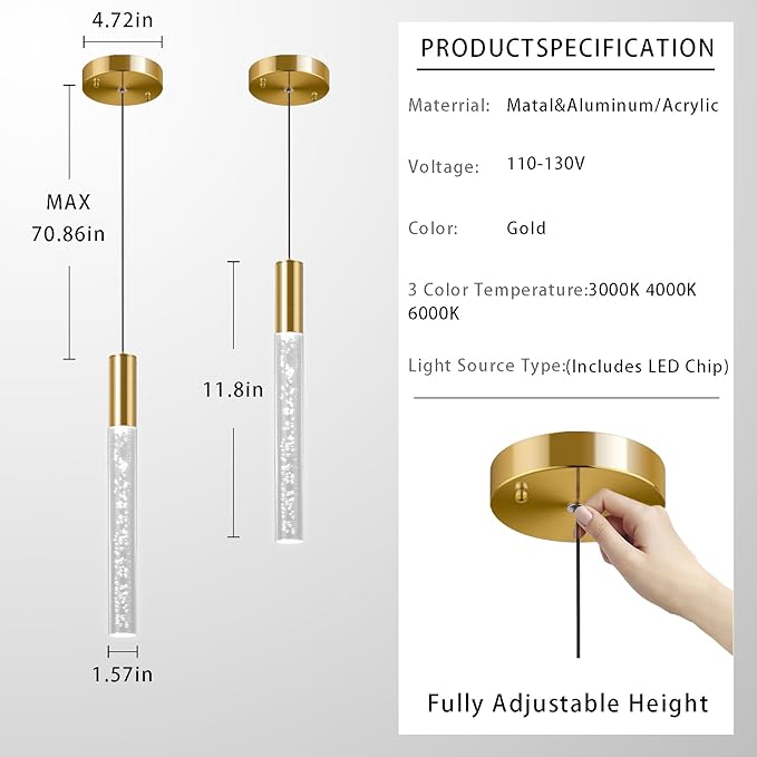 Modern Gold Pendant Light Fixture, 1-Light 3-Color LED Pendant Lighting Acrylic Cord Adjustable Ceiling Hanging Lights for Kitchen Island Living Room Bedroom Dining Room (3 Pack)