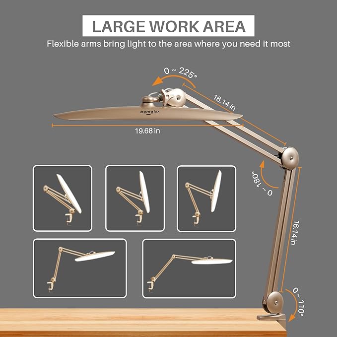 LED Desk Lamp with Clamp, Dimming Task Lamp for Reading Desktop Office Workbench Table Architect Sewing Study Home Craft, 117PCS LEDs, 2200 Lumens 20 Inch Metal Swivel Arm Work Lamp (Gold)