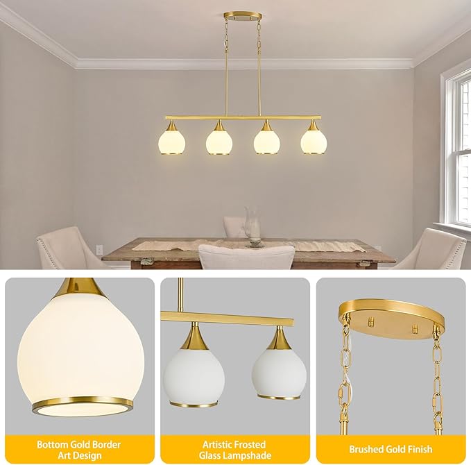 Island Light for Kitchen,4-Light Gold Finish Kitchen Island Pendant Lighting with Round Frosted Glass Shades for Dining Table