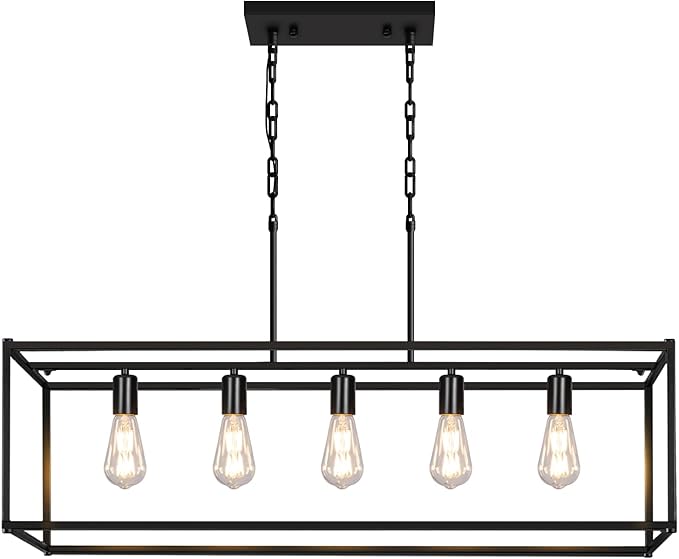 5-Light Rustic Farmhouse Chandelier, Rectangular Metal Kitchen Island Pendant Lighting Fixtures, Black Industrial Linear Hanging Light for Dining Room, Entryway, Foyer, Bar, Living Room
