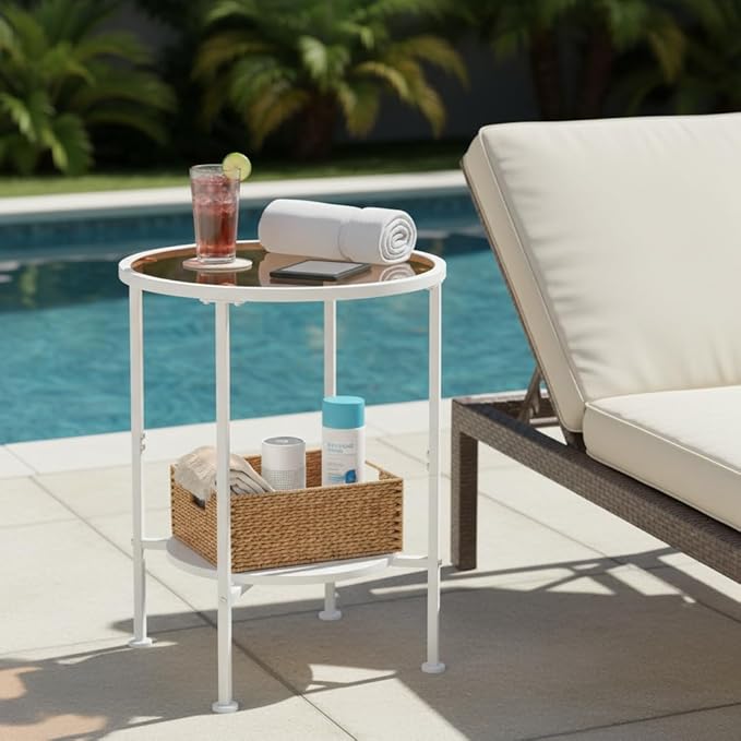 Tempered Glass Side Table with Storage Shelf for Small Spaces,16.15" 2 Tier Round Glass End Table, Small Side Table with Storage for Living Room,Round Bedside Table for Bedroom (White)