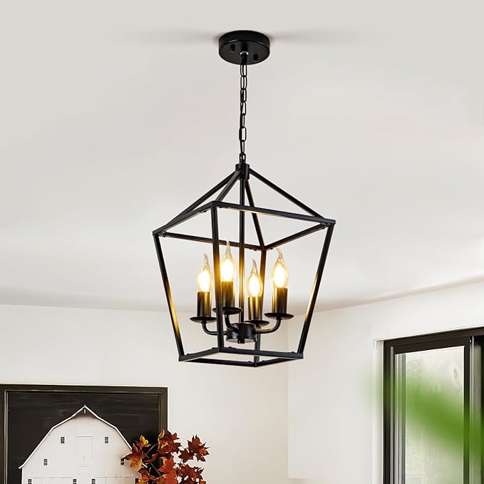 Black Farmhouse Chandelier, Industrial 4 Light Pendant Light Fixtures, Rustic Metal Lantern Ceiling Hanging Light for Entryway, Foyer, Kitchen Island, Dining Room, Hallway, Bedroom