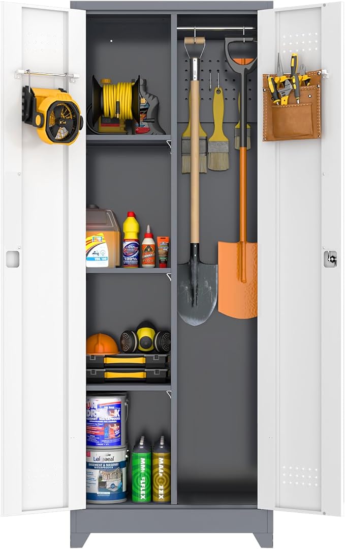 GREATMEET 65" Garage Storage Cabinet, Broom Closet Storage Cabinet, Storage Shed, Metal Cabinets with Doors and Shelves, Tool Shed for Brooms and Mops, Utility Cabinets for Storage, Grey&White