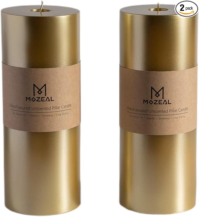 MOZEAL 4" x 10" Extra-Large Gold Pillar Candles (Set of 2), Unscented,Dripless, Smokeless,Long Clean-Burning,These Tall 10 inch Large Gold Pillar Candles Perfect for Weddings and Christmas Decor