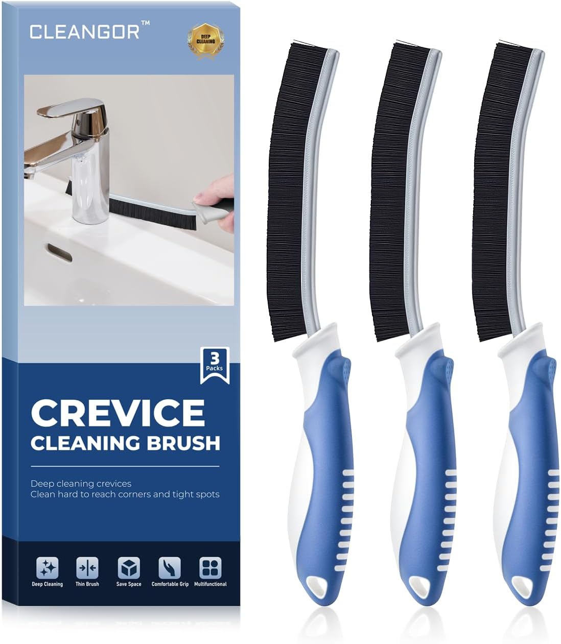 Crevice Cleaning Brushes, Scrub Brush for Hard to Reach Small Space, Home Essentials, Cleaning Supplies, Cleaning Tools for Household Use, Bathroom, Shower, Kitchen, Toilet, Window (3, Blue)