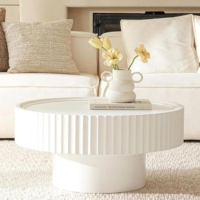 Round Coffee Table with Storage, 30.3” Fluted Drum Modern Living Room Table, Circle Wood White Center Tables, Mushroom Shape Coffee Tables for Living Room, Apartment(30.3''L×13.7''H)