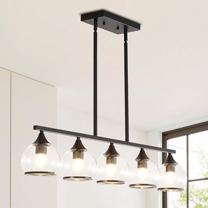 5 Light Round Linear Chandelier Black Modern Glass Hanging Light Minimalist Clear Kitchen Chandeliers Hight Adjustable for Dining Room Island Living Room (Black)
