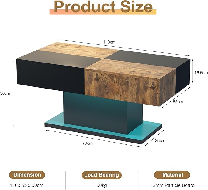 Black Led Coffee Table for Living Room, Living Room Table Rectangular Center Table, Modern Wooden Coffee Tables with 16 Colors LED Lights for Dining Reception Room