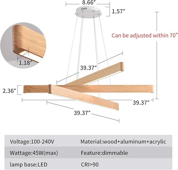 3-Light Solid Wood Natural Linear Pendant Light Modern LED Pendant Light Dimmable Chandelier for Dining Room Table Kitchen Island Living Room Ceiling - 45W Warm Light Adjustable Hanging Fixture